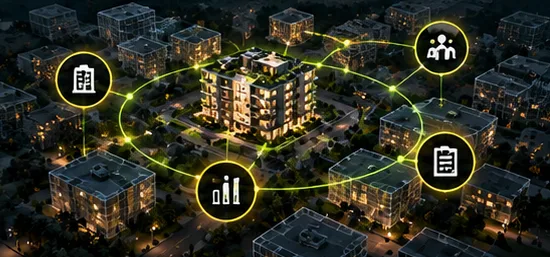 Vista aérea nocturna de varios edificios conectados por líneas de luz bajo una misma gestión.