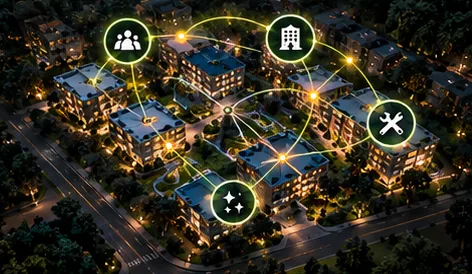 Vista aérea nocturna de un barrio con varios edificios unidos por líneas de luz.