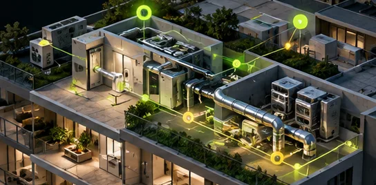 Vista en corte de la cubierta de un edificio que deja ver sus instalaciones y equipos conectados por líneas de luz.